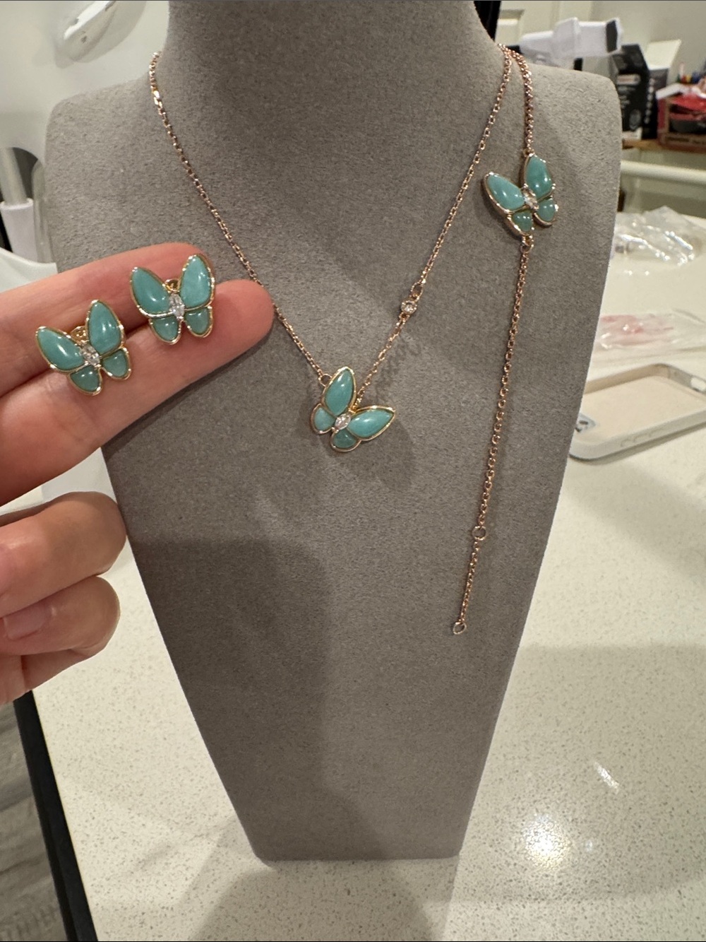 Natural Amazonite Butterfly 3 Piece Jewelry Set Necklace Bracelet Stud Earrings